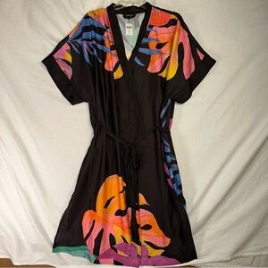 Soma Satin Kimono Robe Black Paradise Palms Multi Color 
Size Large Midi NWT NEW
